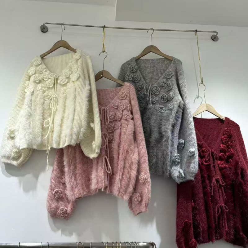 名媛风仿毛狐狸毛拼接立体花朵V领针织开衫绑带毛衣女上衣外套潮|undefined