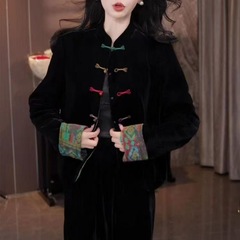 （双面穿）新中式国风印花盘扣黑色丝绒外套女气质双面穿宽松上衣