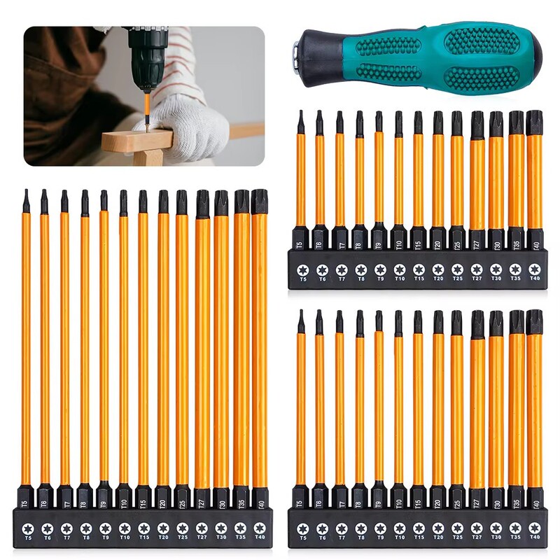 13-Piece Set S2 Alloy Steel 75/100/150mm Solid Six-Star Plum Blossom Bit T5-T40 Phosphated Yellow Leather Bit 13-Piece Set S2 Alloy Steel 75/100/150mm Solid Six-Star Plum Blossom Bit T5-T40 Phosphated Yellow Leather Bit