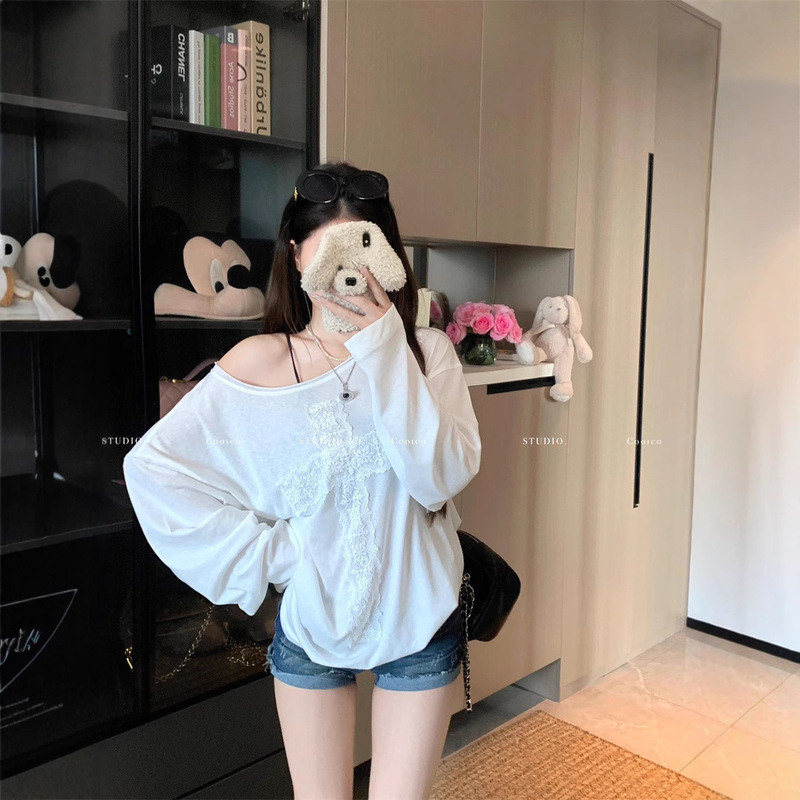 [Factory in stock] cross lace embroidery T-shirt women's white thin micro-transparent sunscreen blouse loose top