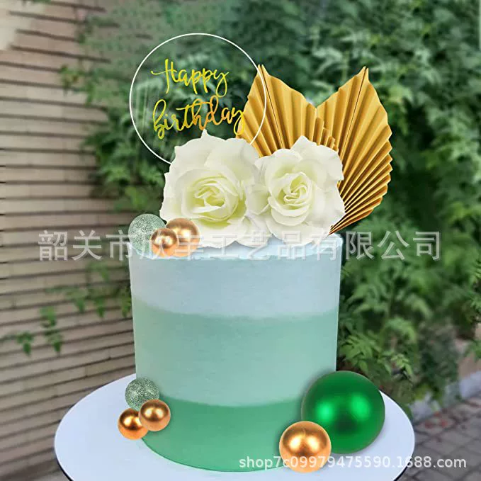 Зеленый глянцевый шар Золотой бумажный веер Украшение торта Шар из пенопласта Цветок розы Торт ко дню рождения Декоративный костюм