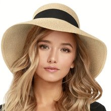 批发跨境女式沙滩遮阳草帽旅行可折叠帽檐带有吸汗带夏季紫外线帽