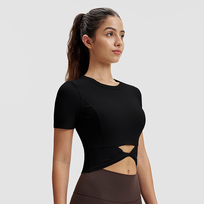 Camiseta de yoga delgada para mujer lulu dobladillo corto torcedura de manga corta sudadera de alto elástico con cordón umbilical top de ropa de fitness