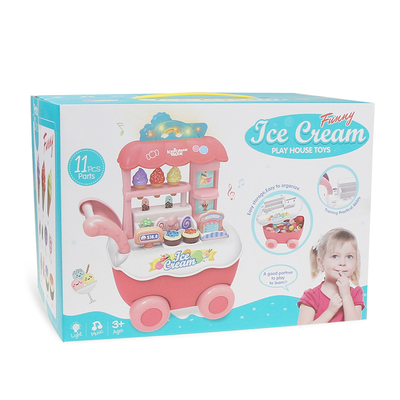 过家家玩具灯光音乐冰淇淋雪糕车 儿童仿真可拆卸手推车套装