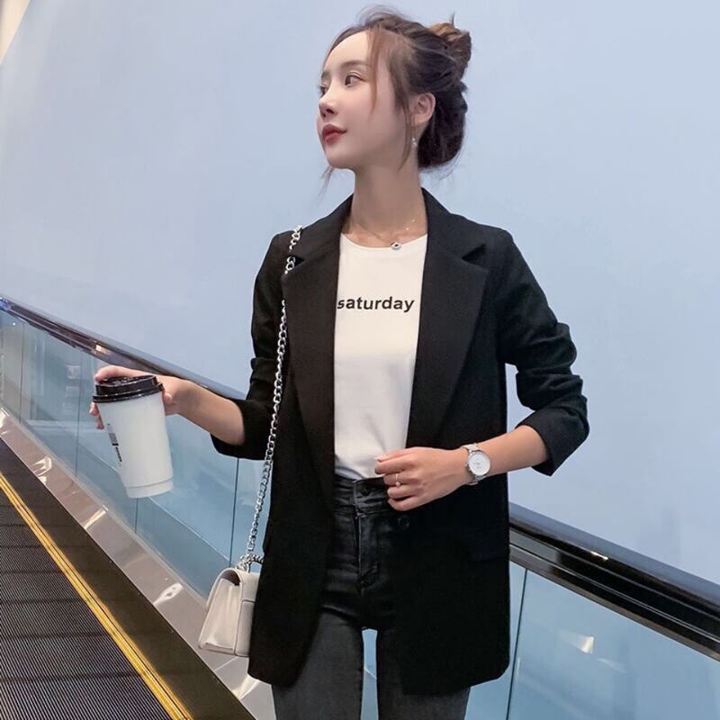 Small Suit Jacket Women's Long Black Spring and Autumn Loose Korean Long Sleeve Student Casual Small Suit Jacket