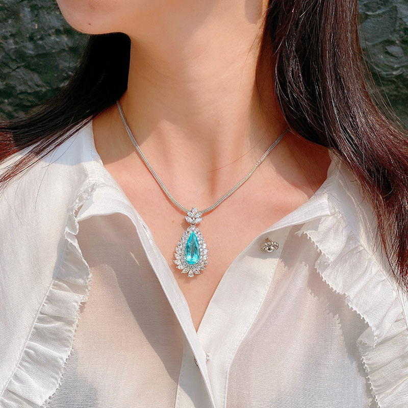 Fashion Water Droplets Copper Pendant Necklace Inlay Artificial Gemstones Copper Necklaces