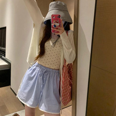 アメリカの青いストライプのカジュアルな半ズボンの女性の夏の高い腰は縄を引きます。