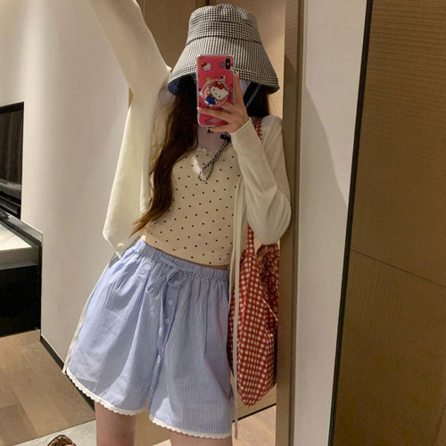 Women's Summer High-Waisted Drawstring Breathable Quick-Dry Sweet and Spicy Wide-Leg Beach Shorts with American Blue Stripes