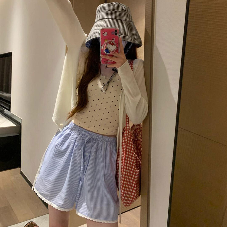 American-style Blue Striped Casual Shorts Women's Summer High Waist Drawstring Breathable Quick-drying Spicy Sports Wide Leg Beach Pants