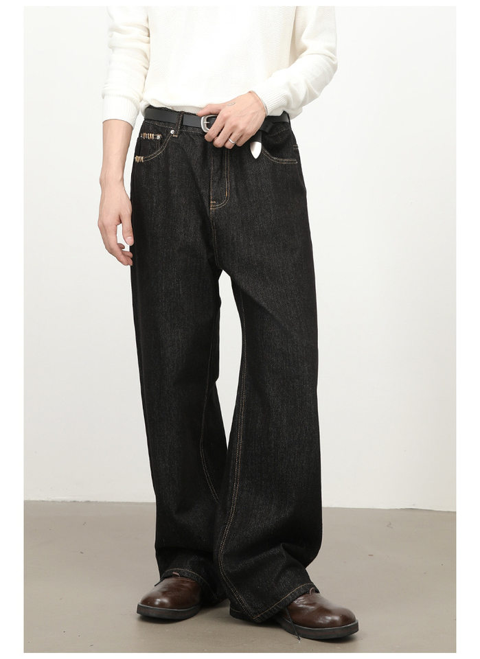 Quần jeans nam dáng rộng ống thẳng màu bò đen nguyên bản, túi thêu họa tiết, lưng giữa — Bò đen sống chi tiết 7