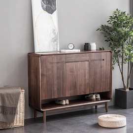 北美黑胡桃木鞋柜全实木三门收纳储物柜原木北欧极简樱桃木玄关柜