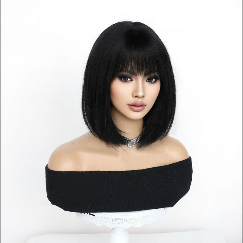 Short Straight Black Wig For Women Lace Frontal Bob Haircut With Bangs Natural Youthful Full Head Cover_voghion.com
