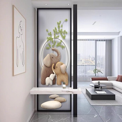 Living Room Art Painting, Long Glass Screen Partition Cabinet, Simple Modern Light Luxury Metal Decorative Rack, Entryway Foyer