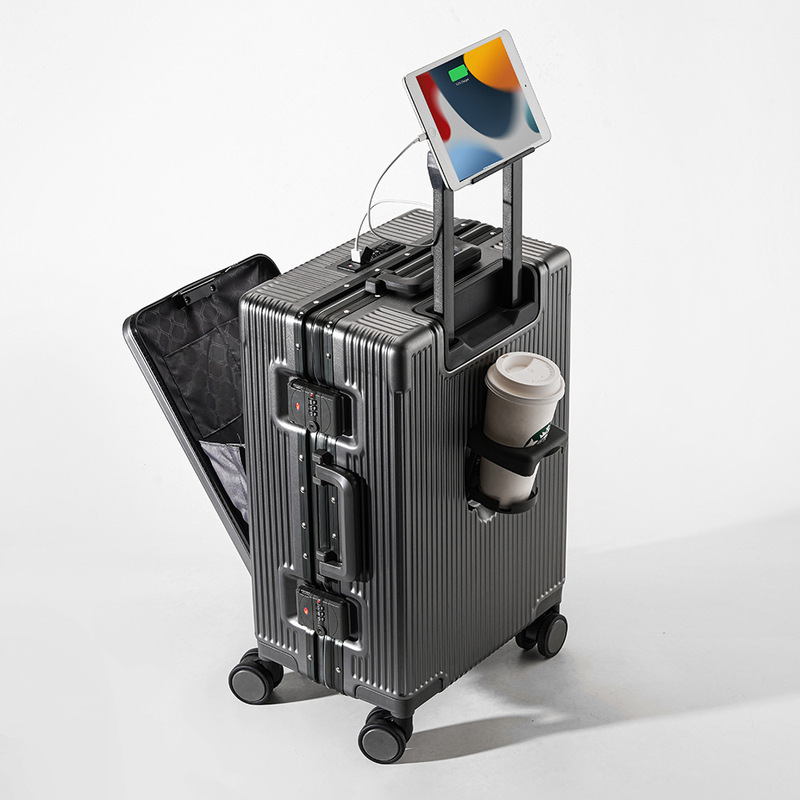 Front-Opening Business Trolley with Universal Wheels 20inch Carry-On Phone Holder Luggage Multifunctional 22inch Computer Case for Men and Women 24