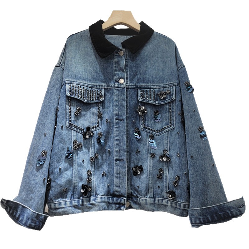 American simple High Street con solapa chaqueta de vaquero 2026 primavera suelta retro pesada con cuentas de clavos decoraciones de manga larga