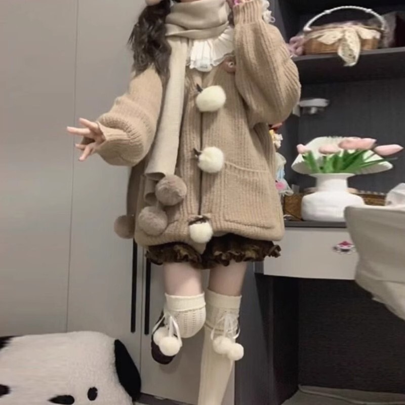 小个子女装卡其毛衣针织开衫半身裙百褶裙学院温柔秋冬季两件套装|undefined