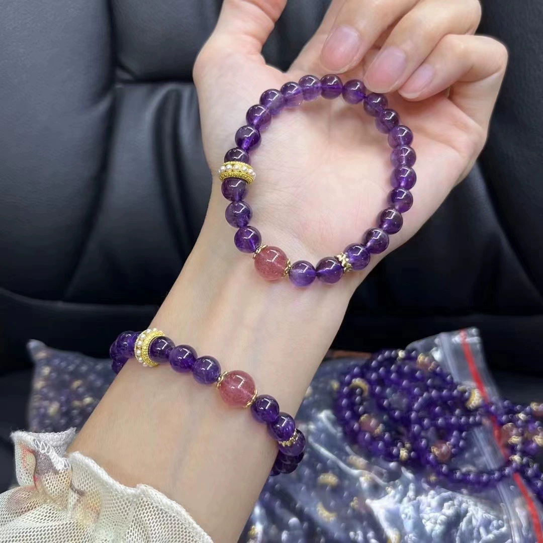 Натуральный бразильский фиолетовый хрустальный браслет для девочек с клубничным кристаллом подарок на день рождения фиолетовый в прямом эфире