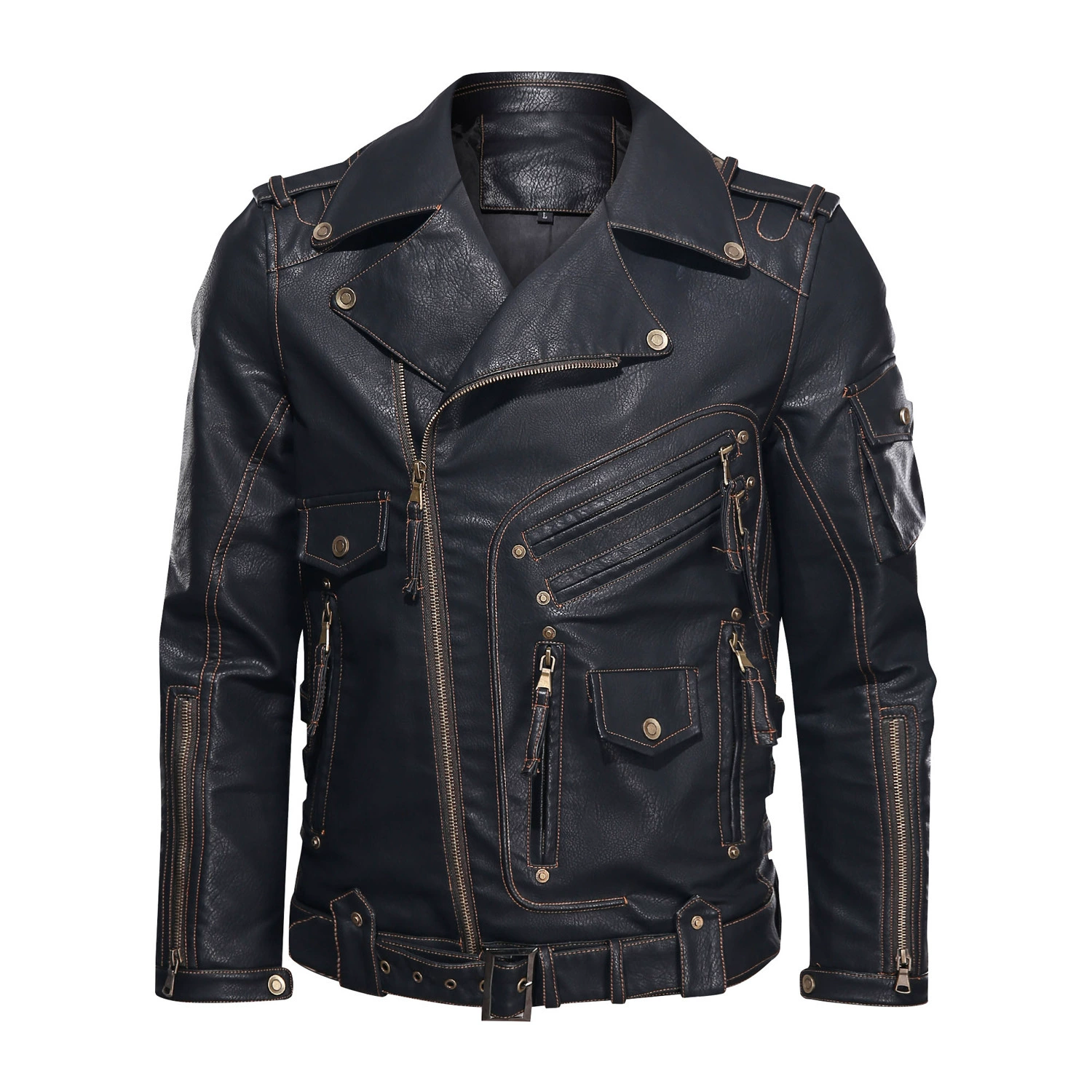 2025 new men's leather jacket European code motorcycle tough guy multi-pocket tough guy pu leather lapel leather spring and autumn clothes