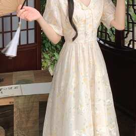 新中式国风盘扣V领重工刺绣连衣裙女夏季大码胖mm碎花仙女长裙子