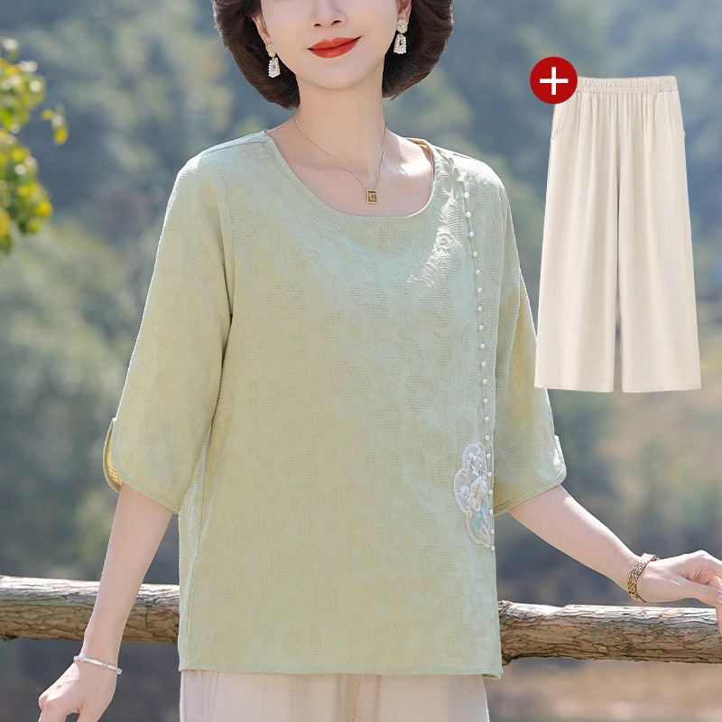 若い母親の夏服、おしゃれなTシャツ、半袖、中高年女性の国民風トップス、カジュアルなゆったりスーツ|undefined