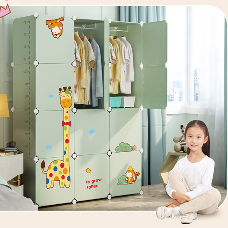 Simple Children's Wardrobe Plastic Assembly Storage Folding Steel Frame Wardrobe Storage Cabinet Steel Frame Plaid Dormitory Moisture-proof