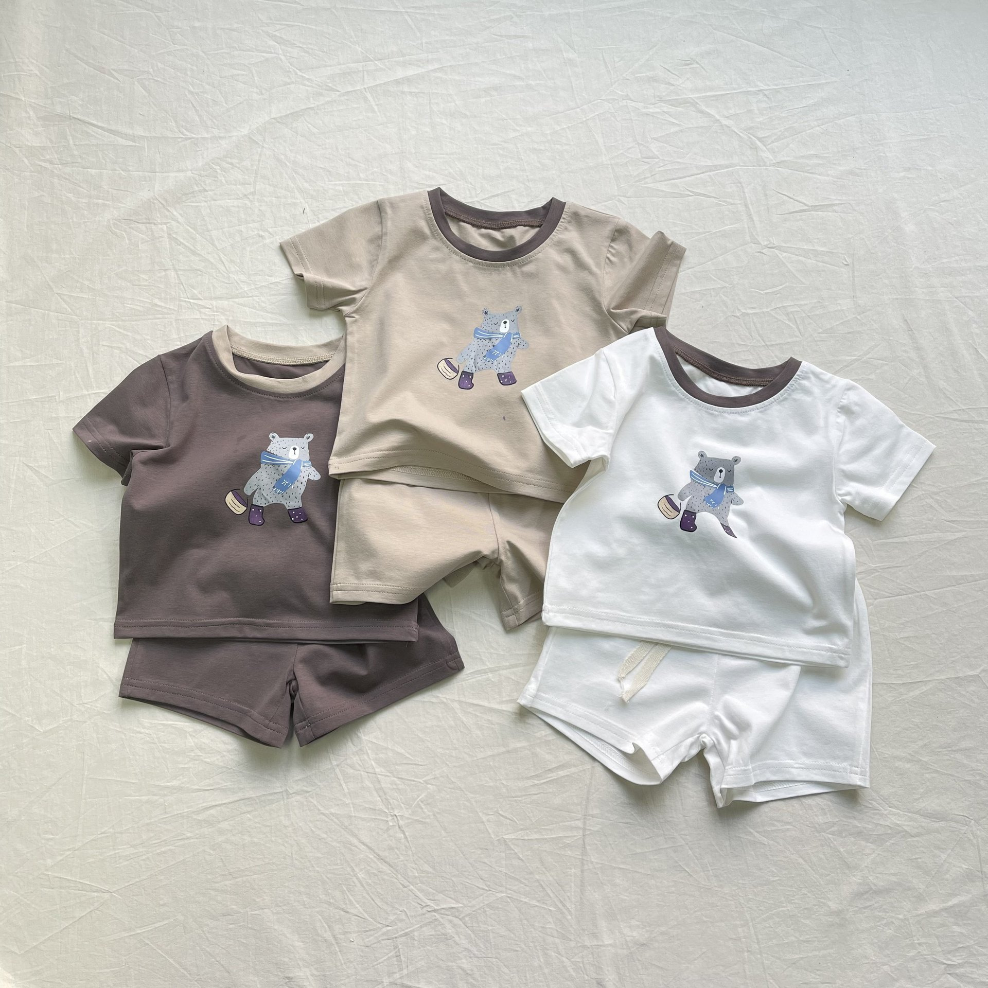 韩版ins新卡通图案圆领包边夏季两件套男女宝宝儿童短袖短裤套装