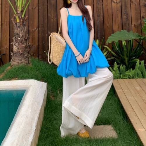 Korean-Style New Fashion Set Blue Pleated Tank Top and Loose Trousers Two-Piece Set for Women Summer Flowy Casual Pants
