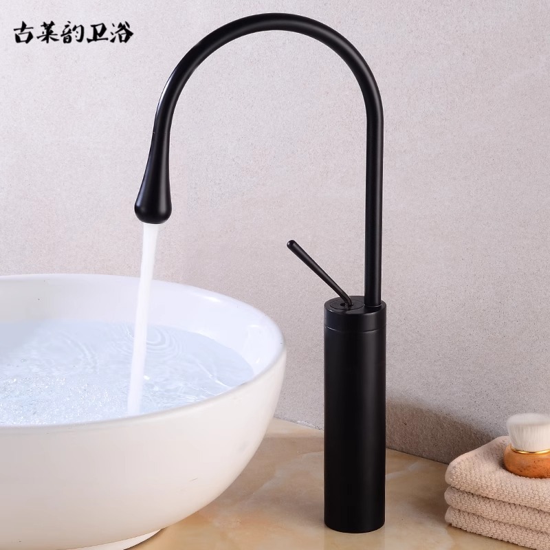 Grifo de lavabo estético minimalista nórdico, caliente y frío, todo cobre, negro, lavabo, grifo de gota de agua, rotación elevada