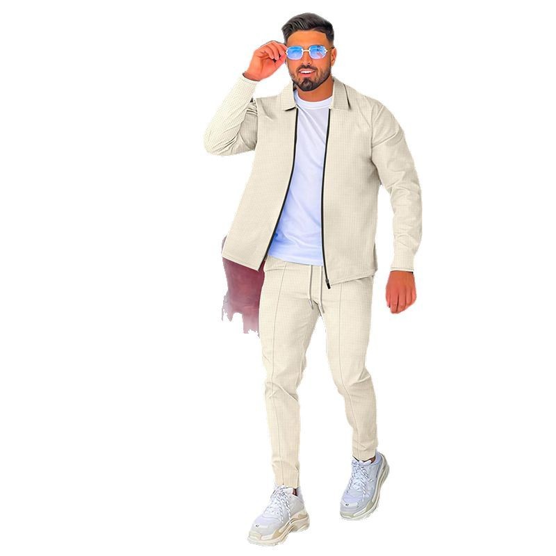 2024 Comercio exterior primavera y otoño nuevo traje de manga larga waffle Amazon solapa cremallera cardigan casual conjunto de dos piezas