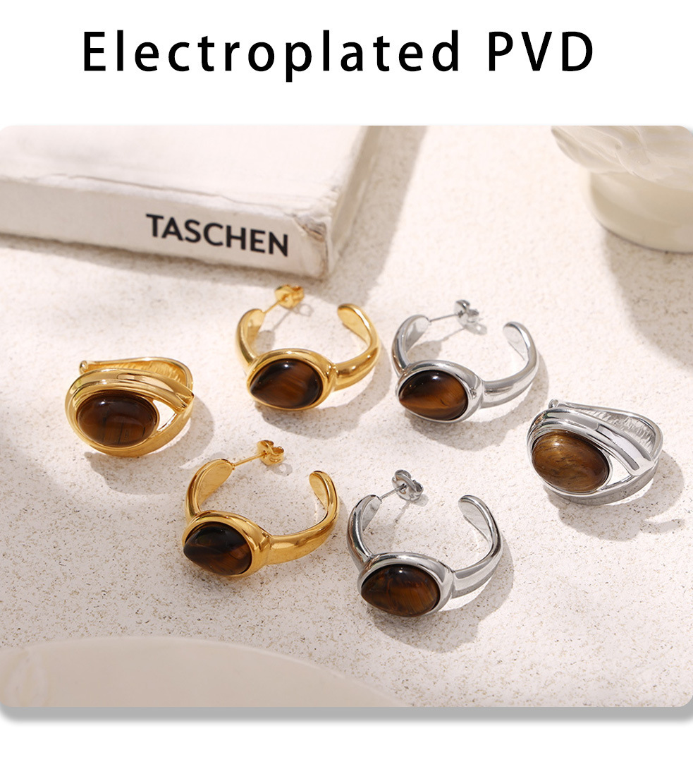 Retro Tiger Eye Stone Hoop Earrings & Open Ring Set Gold Plated_voghion.com