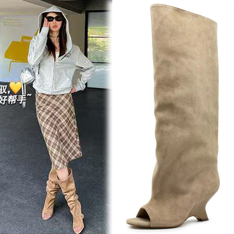Fashion New Hot Girl Fish Mouth Wedge Heel Hollow Knee-High Temperament Sandals Foreign Trade Large Size Performance Catwalk Women's Boots