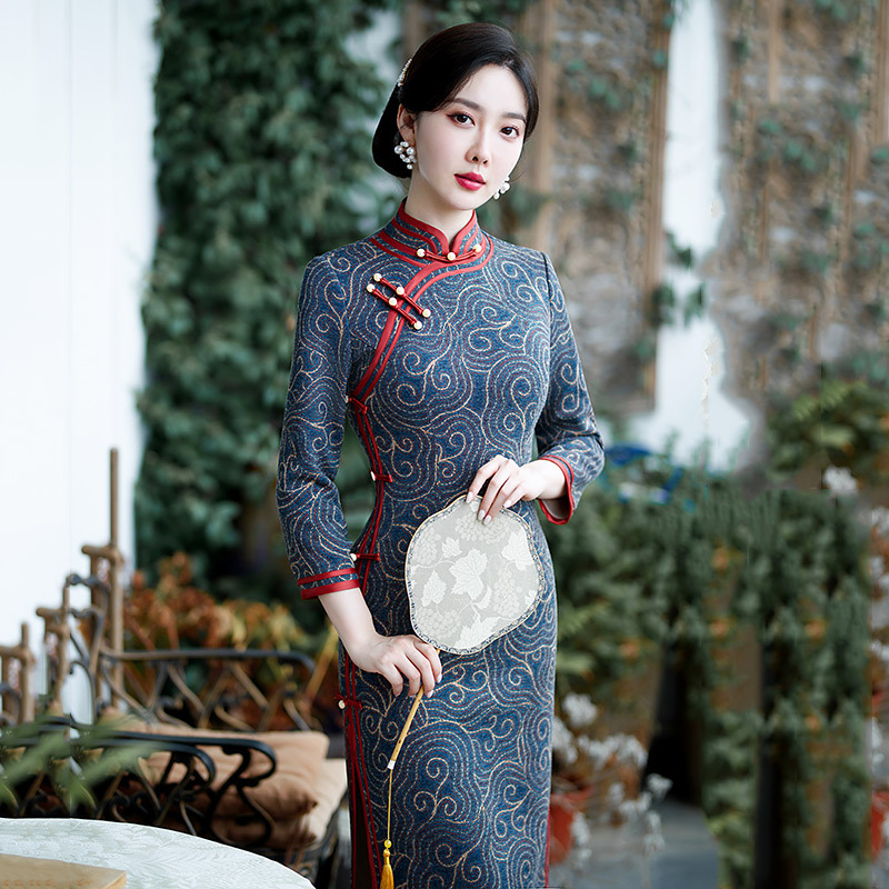 老上海中式媽媽裝國風長款改良旗袍年輕款女復古長袖走秀款春秋裝