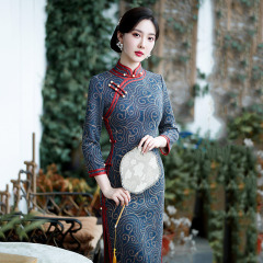 老上海中式媽媽裝國風長款改良旗袍年輕款女復古長袖走秀款春秋裝