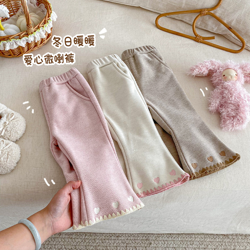 女童加绒喇叭裤小左小右冬季宝宝洋气爱心加厚休闲裤儿童韩版裤子