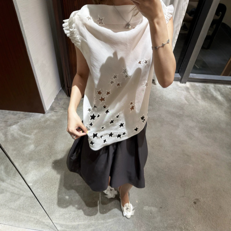 Designer Style 2026 Summer New Starry Hollow-Out One-Shoulder Sleeveless Top Versatile Slimming Ruffled Tank Top