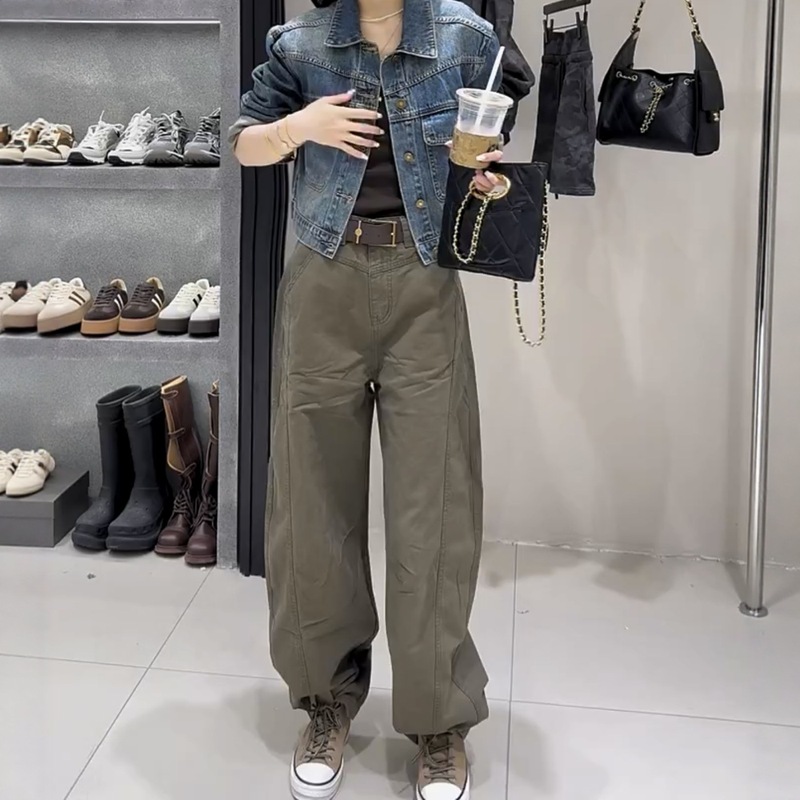 2025秋季新款工装牛仔裤女大码宽松显瘦窄版直筒阔腿裤胖mm拖地裤|undefined