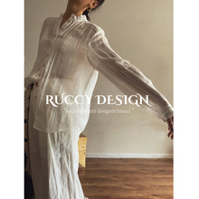 【RUCCY】2024夏季新款蕾丝领镂空拼接轻薄纸皱感微透长袖白衬衫