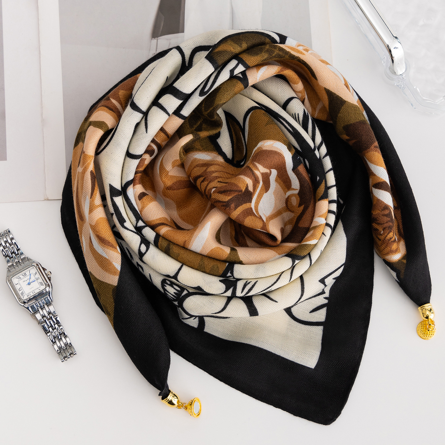 20g Weight Silk Scarf Classification Cotton, cotton and linen Material Spot, Plaid, Polka Dots, Leopard, Camouflage Pattern Spring&Summer, Autumn, Autumn&Winter Season Women's Gender Thin Cotton Square Scarf For Women, Comfortable Magnetic Buckle Design, Multifunctional Neck Warmer, Spring And Summer Accessory 27