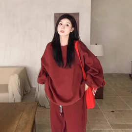 韩版休闲时尚运动套装秋冬季喜庆红色长袖减龄卫衣两件套女装百搭