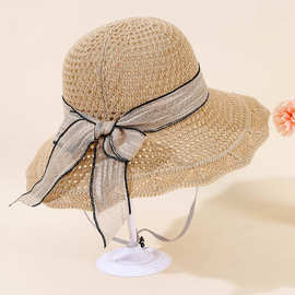 春夏季新款棉线针织帽子女士遮阳草帽韩版飘带盆帽防晒帽沙滩帽子