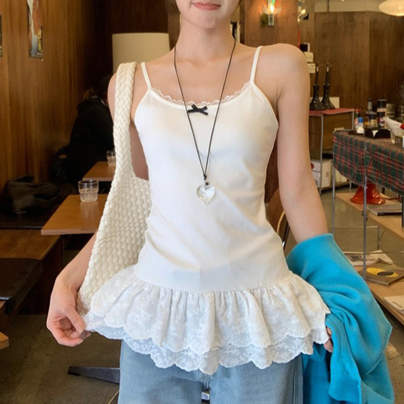 White Bow Design Sling Vest Women's Spring Lace Lace Hem Slim Fit Stacked Small Top