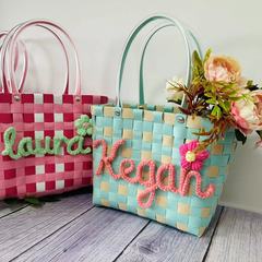 ETSYクロスボーダー热い贩売手作りDIY名前リゾート风手持ち手编み野菜バスケットカラーチェックバッグDIYギフト