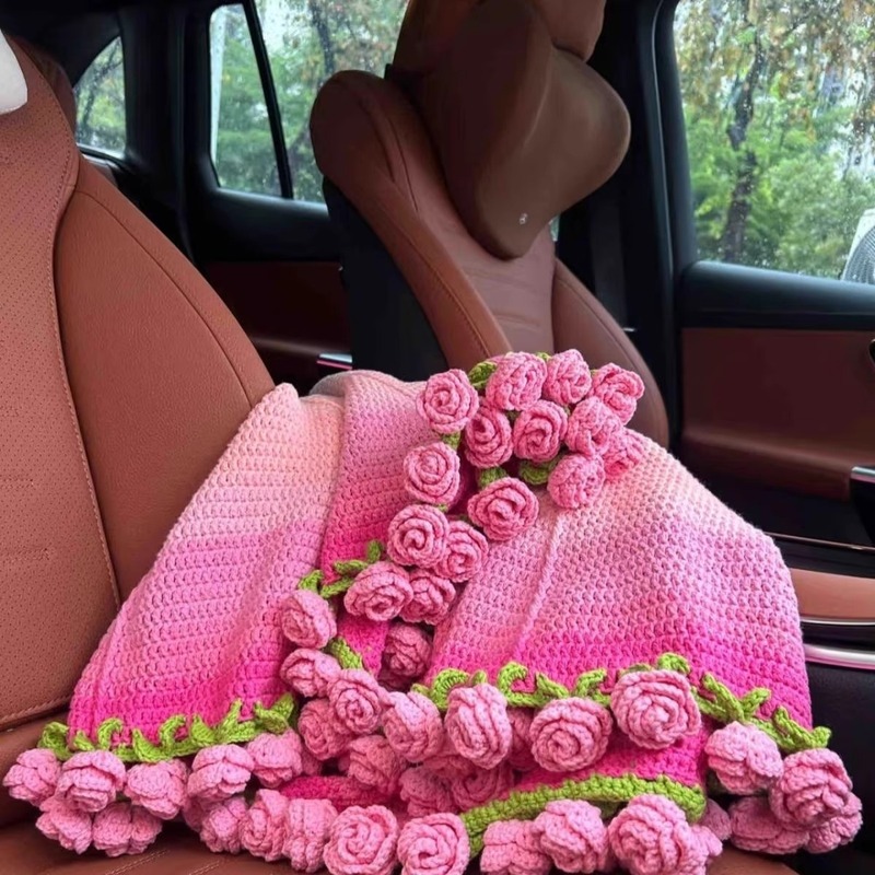 玫瑰花束毯子成品现货diy材料包铃兰花毯 毛线团手工编织毯子批发|undefined