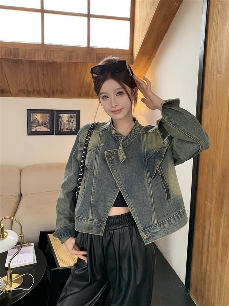 Kurtka motocyklowa dla chłopca ze stójką i dżinsowym kołnierzem, jesień 2025, nowa, unikatowa, zapinana na zamek, luźna, krótka bluzka w stylu retro_voghion.com