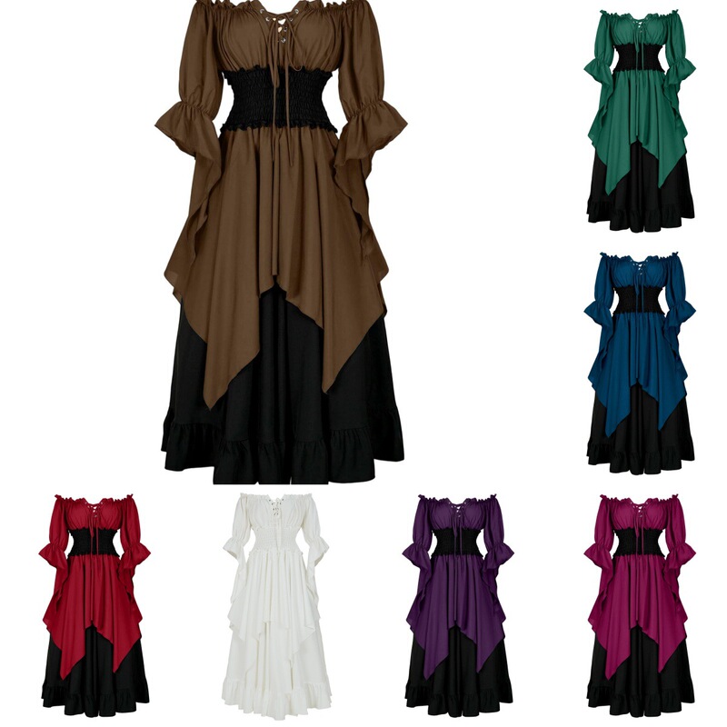 European and American Foreign Trade Medieval Literary Retro Cosplay Halloween Pleated Tied Waist Dress 480g