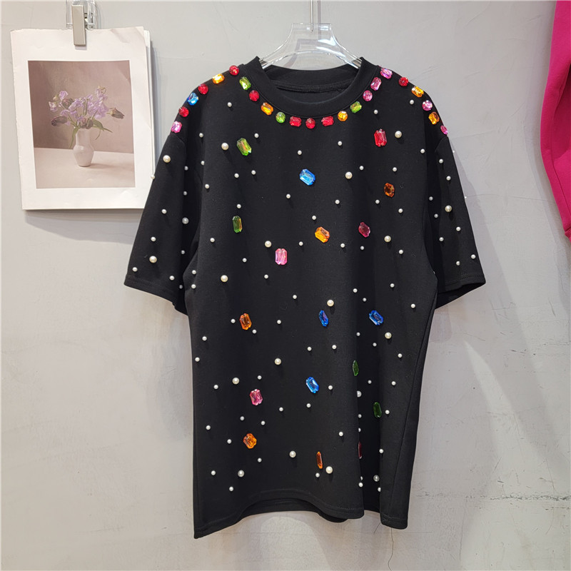 Camiseta de Manga Corta con Pedrería y Cuentas Cuello Redondo