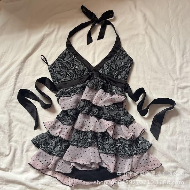 Black and Pink Color-Block Lace Polka Dot Halter V-Neck Top with Front Tie, Side Ribbons, and Multi-Layered Ruffles for Women