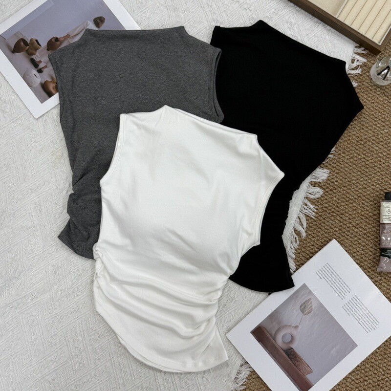 Trendy asymmetrical slit solid color ruched waist short-sleeve T-shirt with chest pads and small flutter sleeve tank top design Trendy asymmetrical slit solid color ruched waist short-sleeve T-shirt with chest pads and small flutter sleeve tank top design