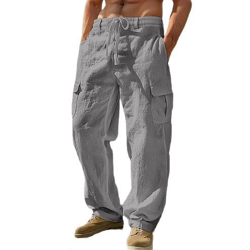 Amazon New Men's Cotton and Linen Four Seasons Thin Breathable Workwear Multi-Pocket Loose Casual Trendy Wide Leg Pants
