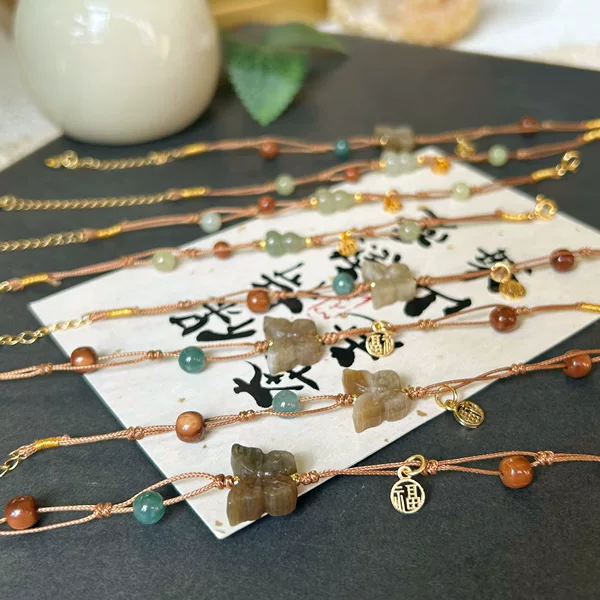 New Natural Hetian Jade Butterfly Fortune Handmade Woven Bracelet for Women, New Chinese Style, Vintage, Everyday Versatile, Enhances Skin Tone